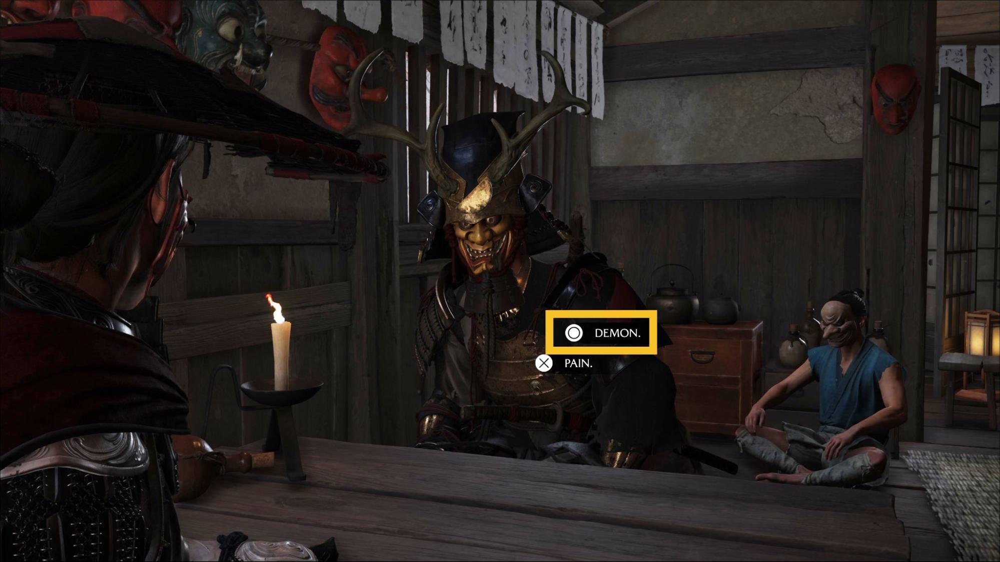 Player chooses “Demon” as the final riddle answer during the Oni Raider challenge in Ghost of Yotei Oni’s Breath Inn