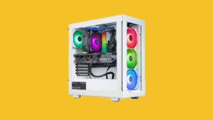 A computer case with colorful fans on a yellow background, just in time for MK 1.