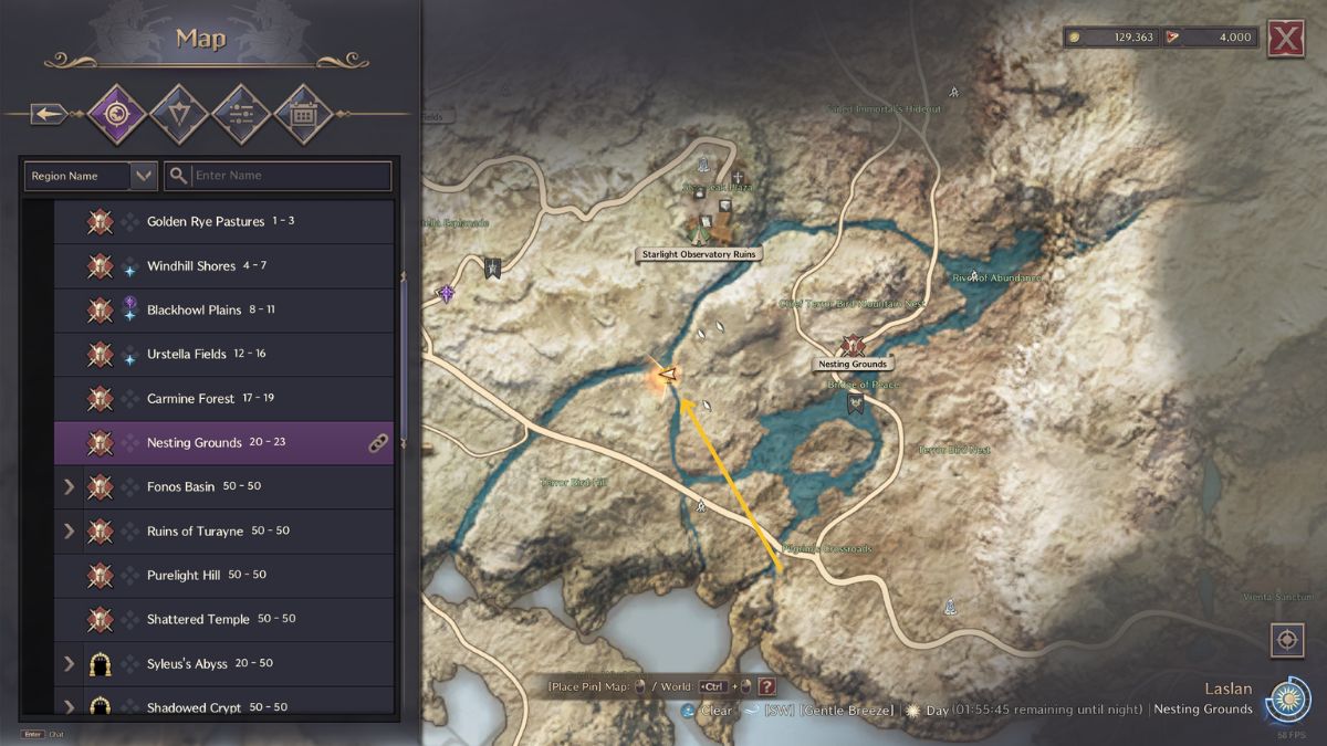 Throne and Liberty Little Friend in the Sky: Map showing the note location