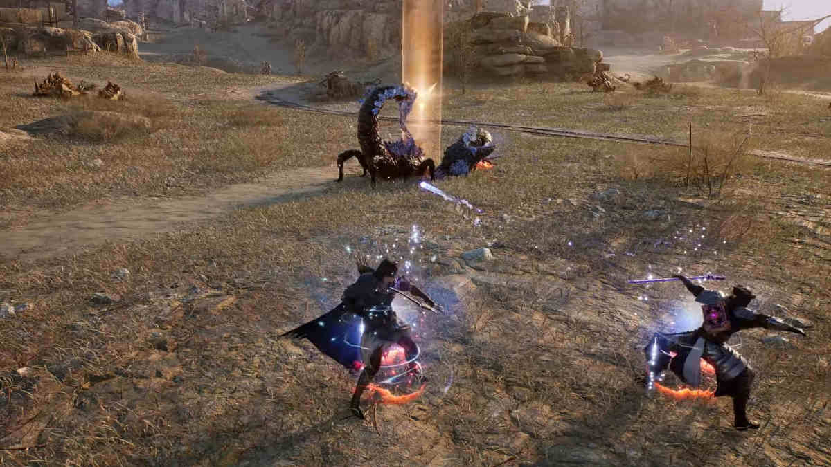 Throne and Lioverty Build Longbow: Picture of an archer and a wizard fight ing a boss.