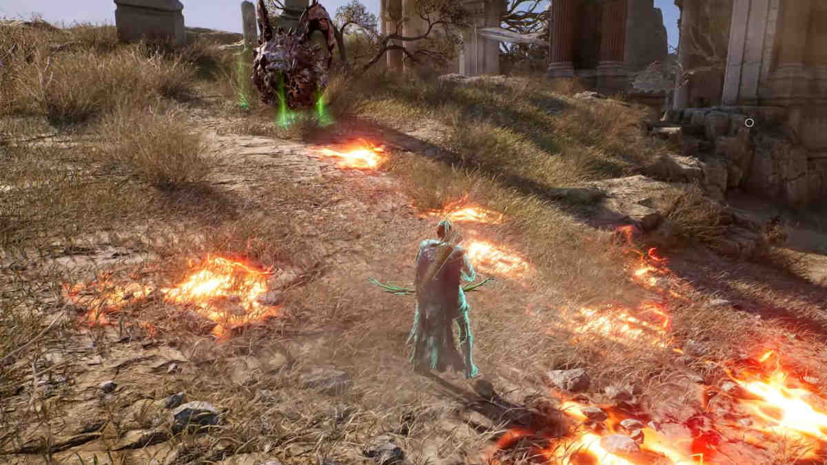 Throne and Liberty Longbow Build: A picture of an archer surrounded by fire and an enemy creature from a game.