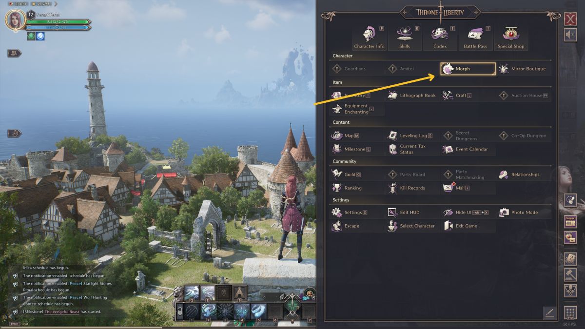 Throne and Liberty Shapeshift: Player choosing morph option in main menu