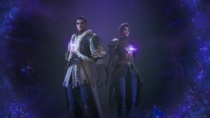 Throne and Liberty Staff and Dagger build: Man and a Woman standing back to back