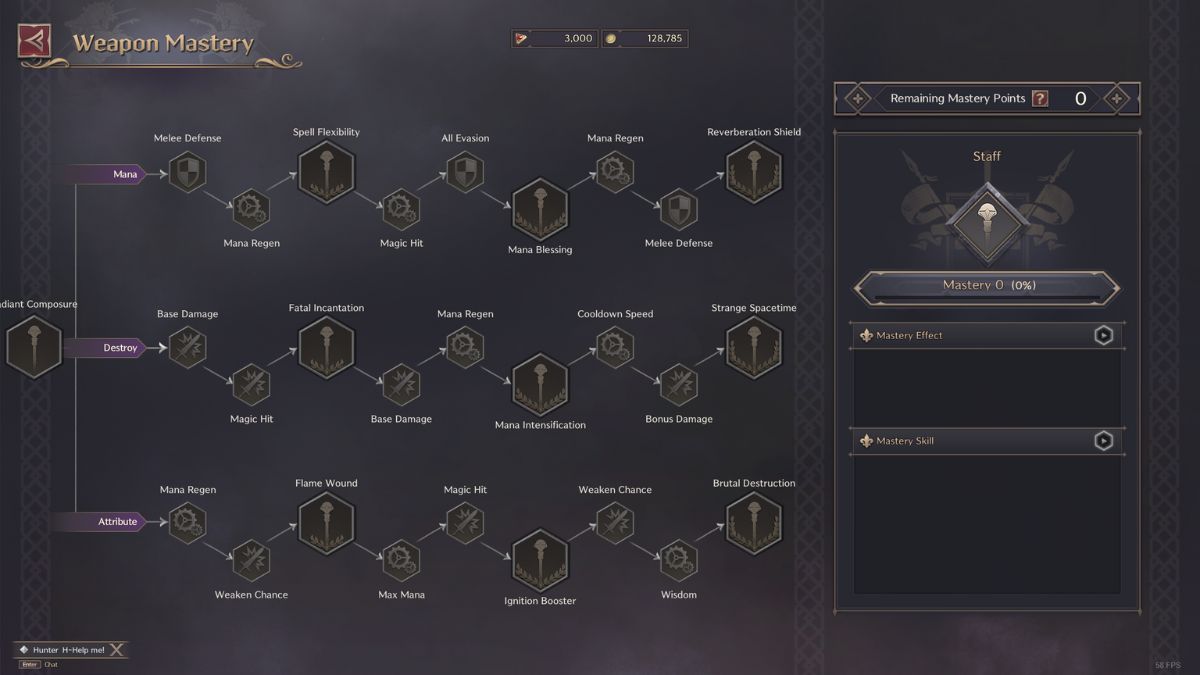 Throne and Liberty Staff and Dagger build: Staff mastery screen