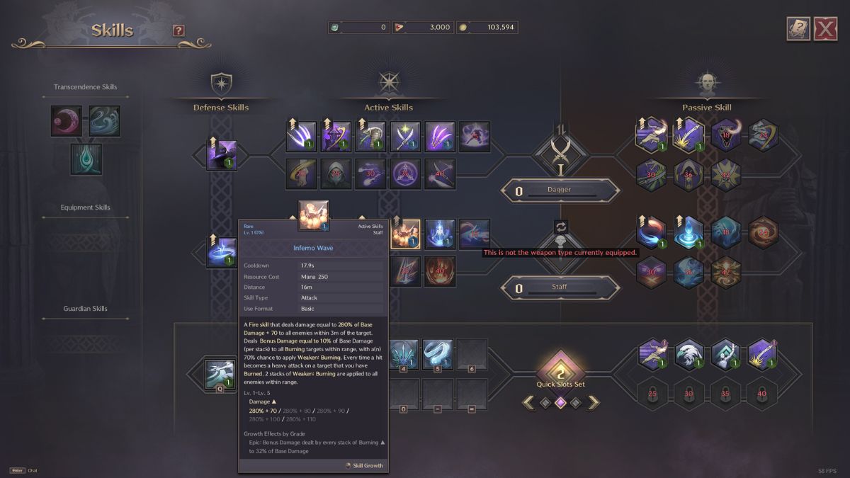 Throne and Liberty Staff and Dagger build: Inferno Wave skill description