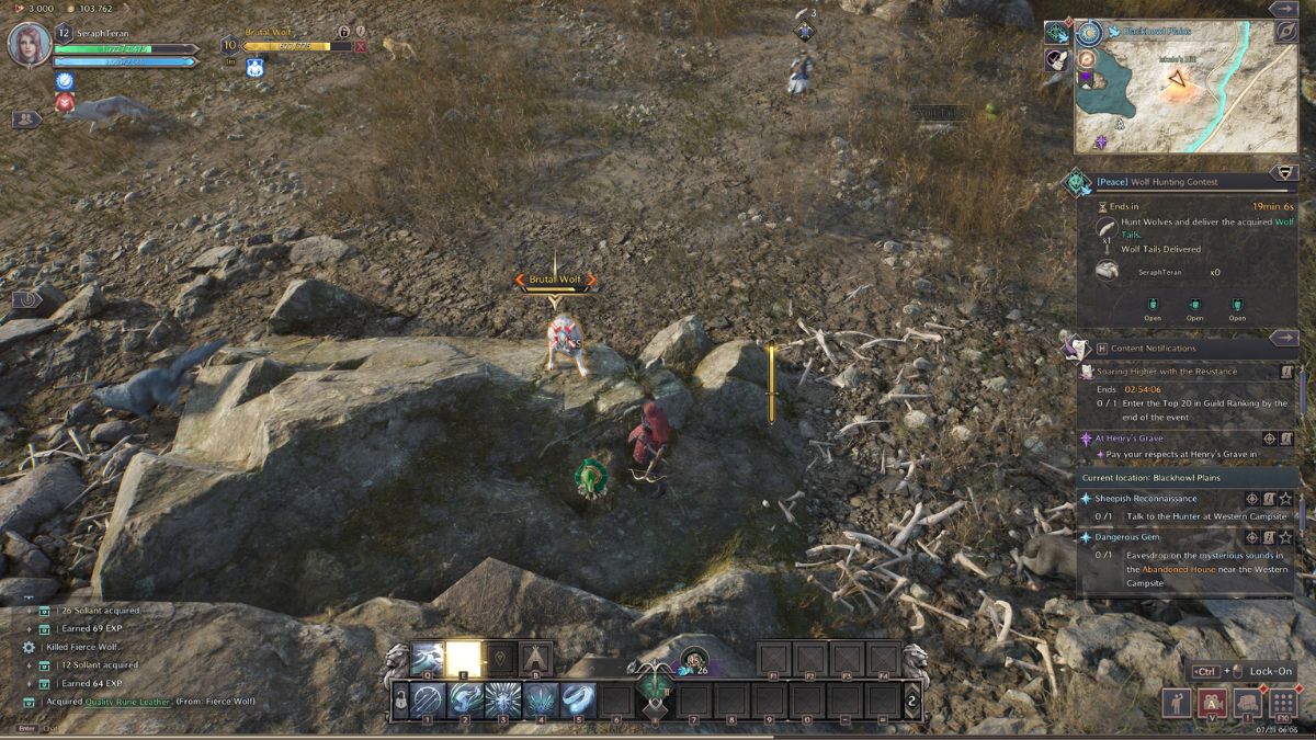 Throne and Liberty Wolf Hunting Party: Player fighting wolf on plains