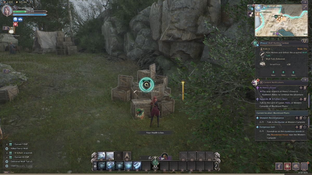 Throne and Liberty Wolf Hunting Party: Player delivering tails to camp