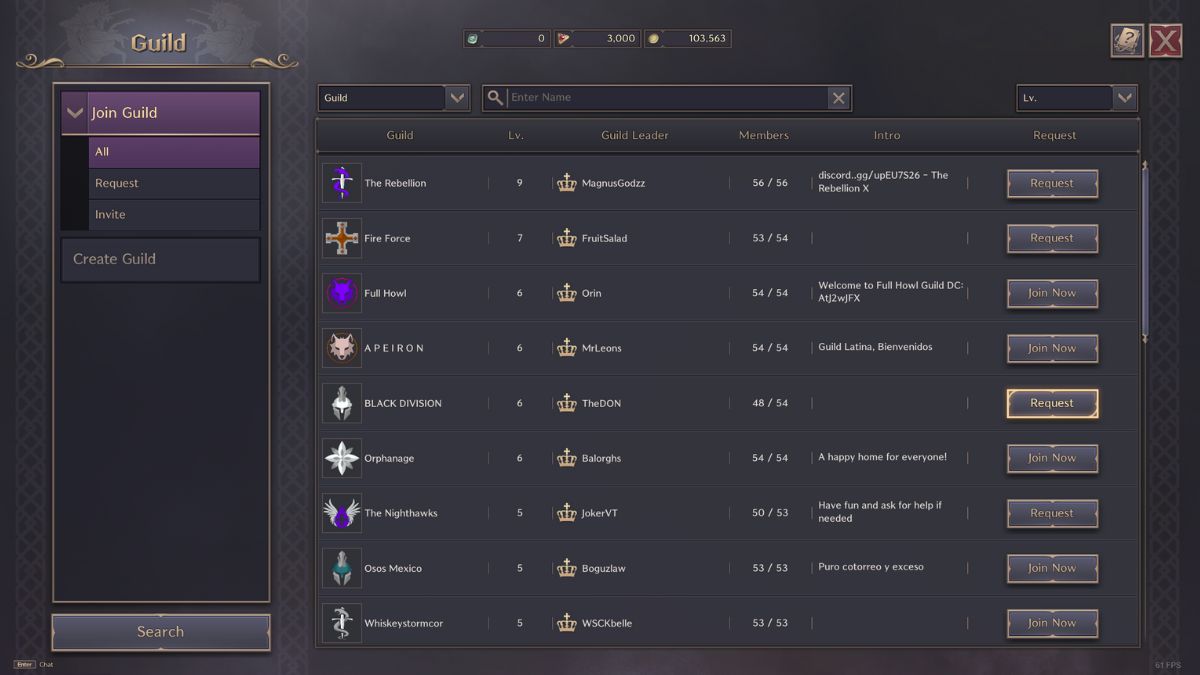 Throne and Liberty Guild: Guild selection menu showing many guild names