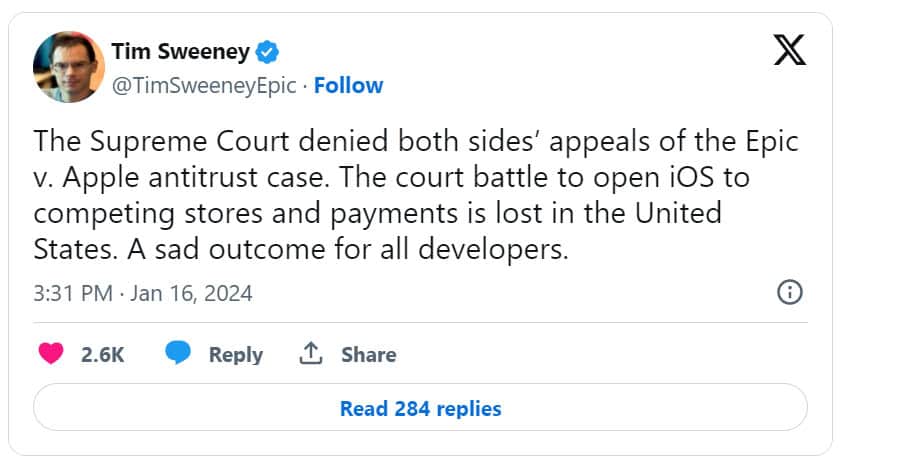 Tim Sweeney tweets about the Supreme Court's decision to smacked down the Fortnite maker's appeal.