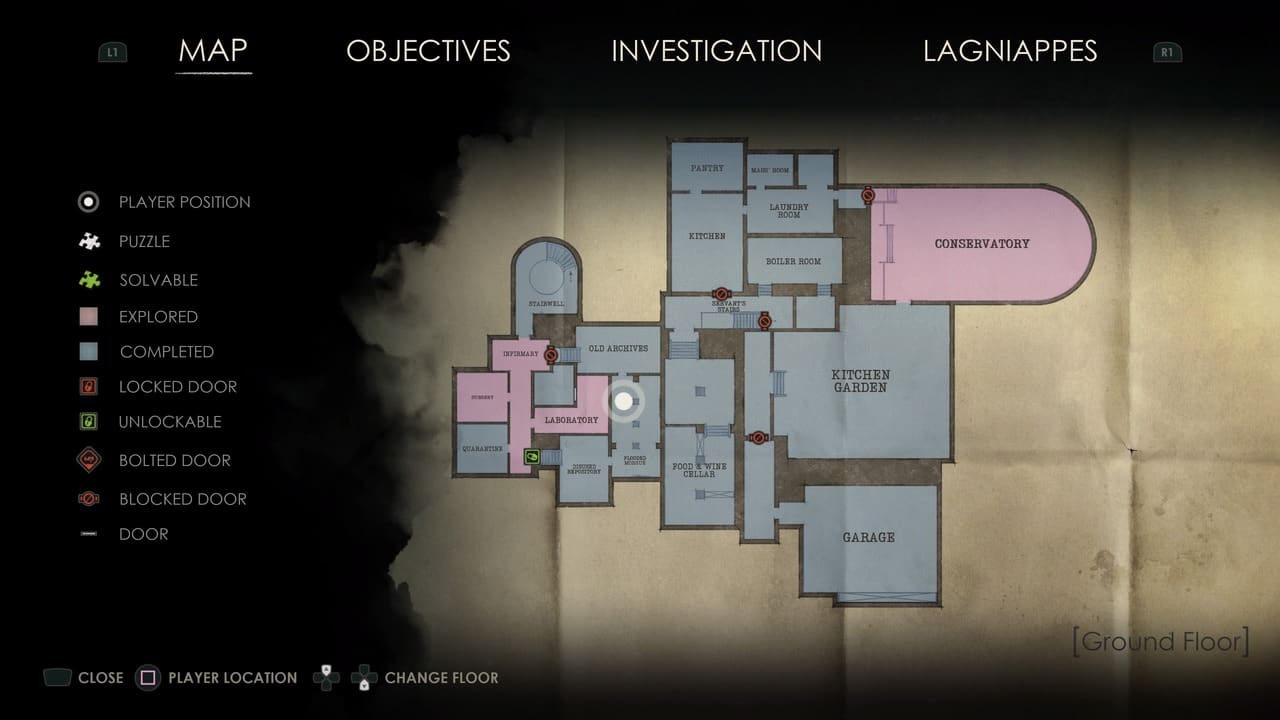 An in-game map interface in "Alone in the Dark: Lagniappe" displaying various rooms, player position, and status of points of interest such as puzzles, locked doors, and objectives