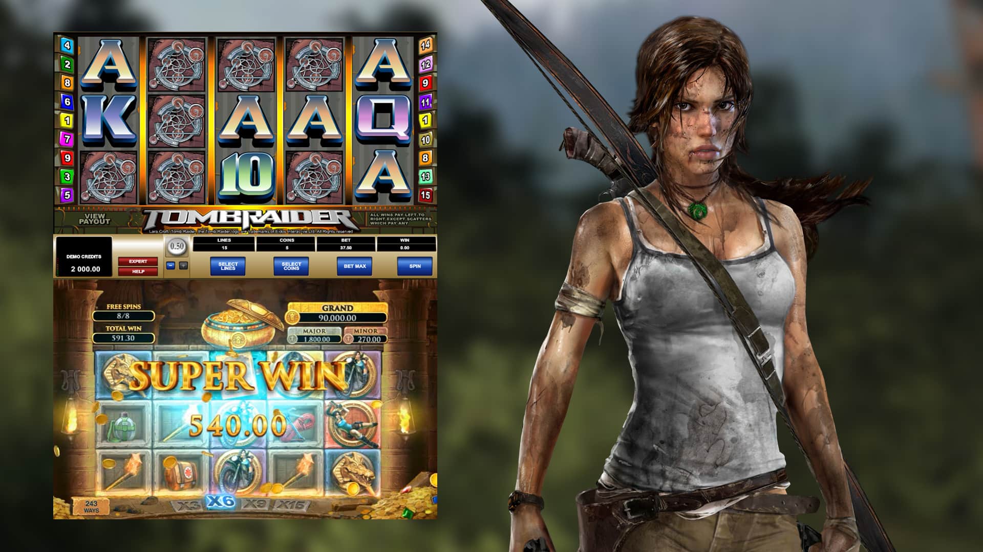 Tomb Raider slot machine gameplay screen with Lara Croft standing beside the reels