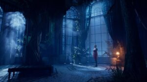 A woman stands in a moonlit conservatory surrounded by plants in Vampire: The Masquerade – Bloodlines 2