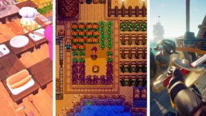 Overcooked kitchen chaos, Stardew Valley farming, and Sea of Thieves pirate duel showing different styles of cooperative gameplay
