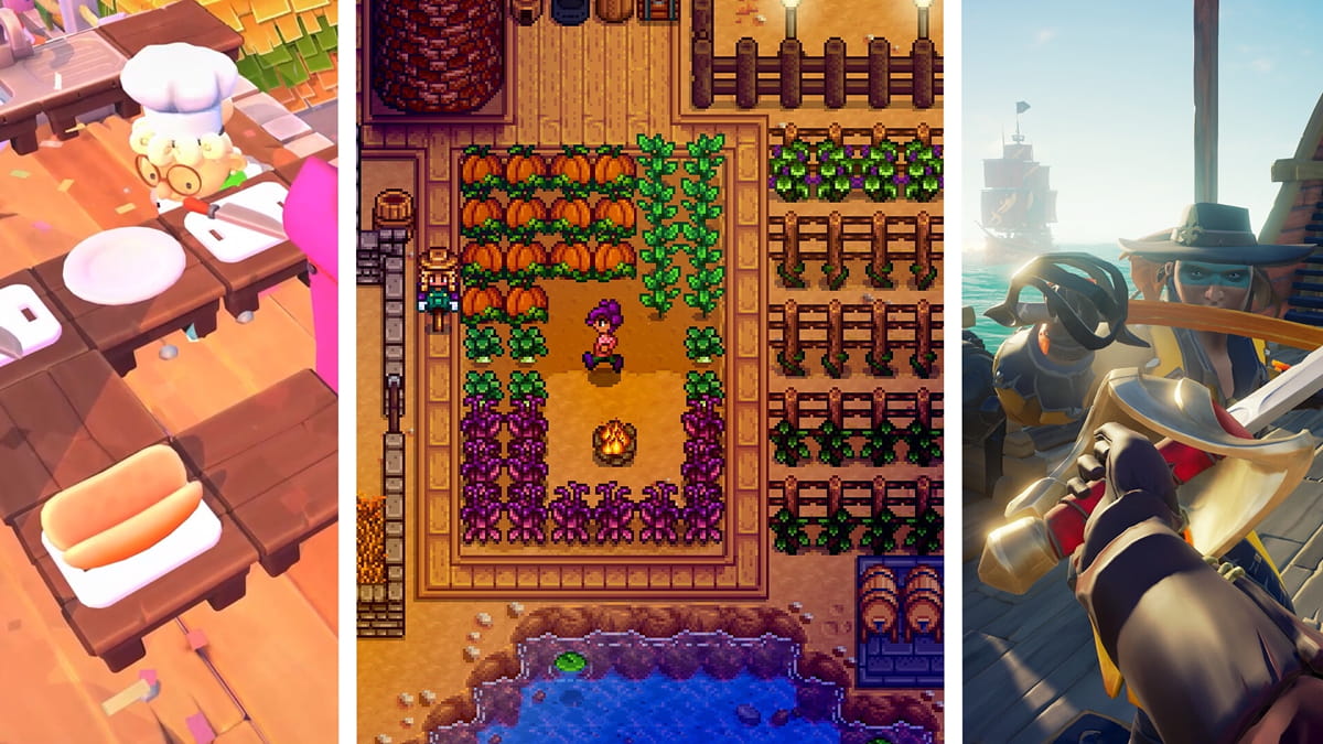 Overcooked kitchen chaos, Stardew Valley farming, and Sea of Thieves pirate duel showing different styles of cooperative gameplay