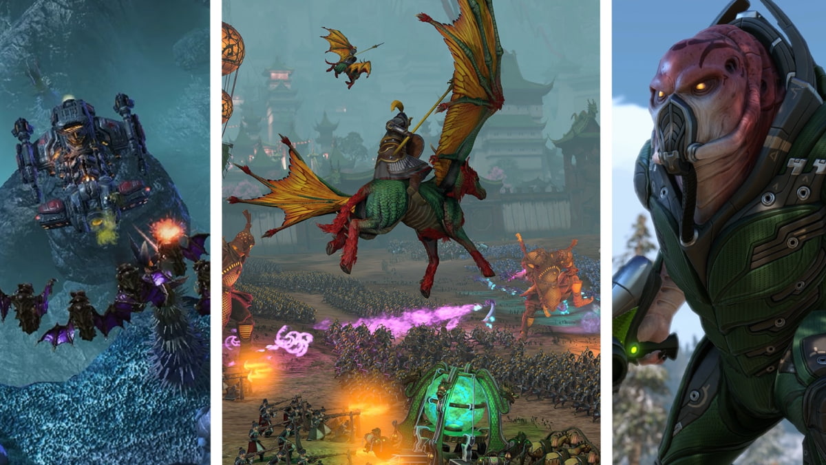 A fantasy battle scene with three panels: left shows a dark fortress and dragon-like creatures, center features a warrior on a flying dragon above an army, right displays a fierce alien soldier