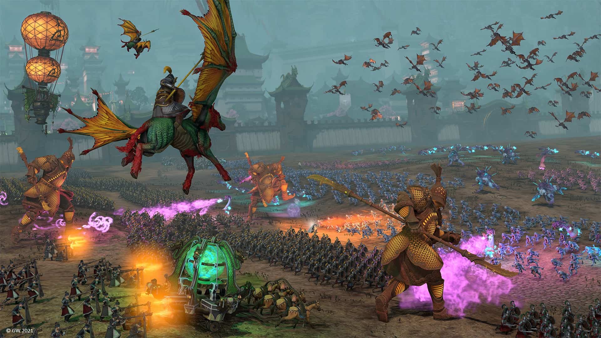 A fantasy battle scene with colorful, armored soldiers and mythical creatures in Total War: Warhammer III
