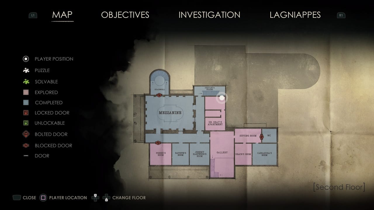 Digital map of an "Alone in the Dark Lagniappe" game level showing player position, puzzles, and points of interest with icons indicating objectives and types of doors.