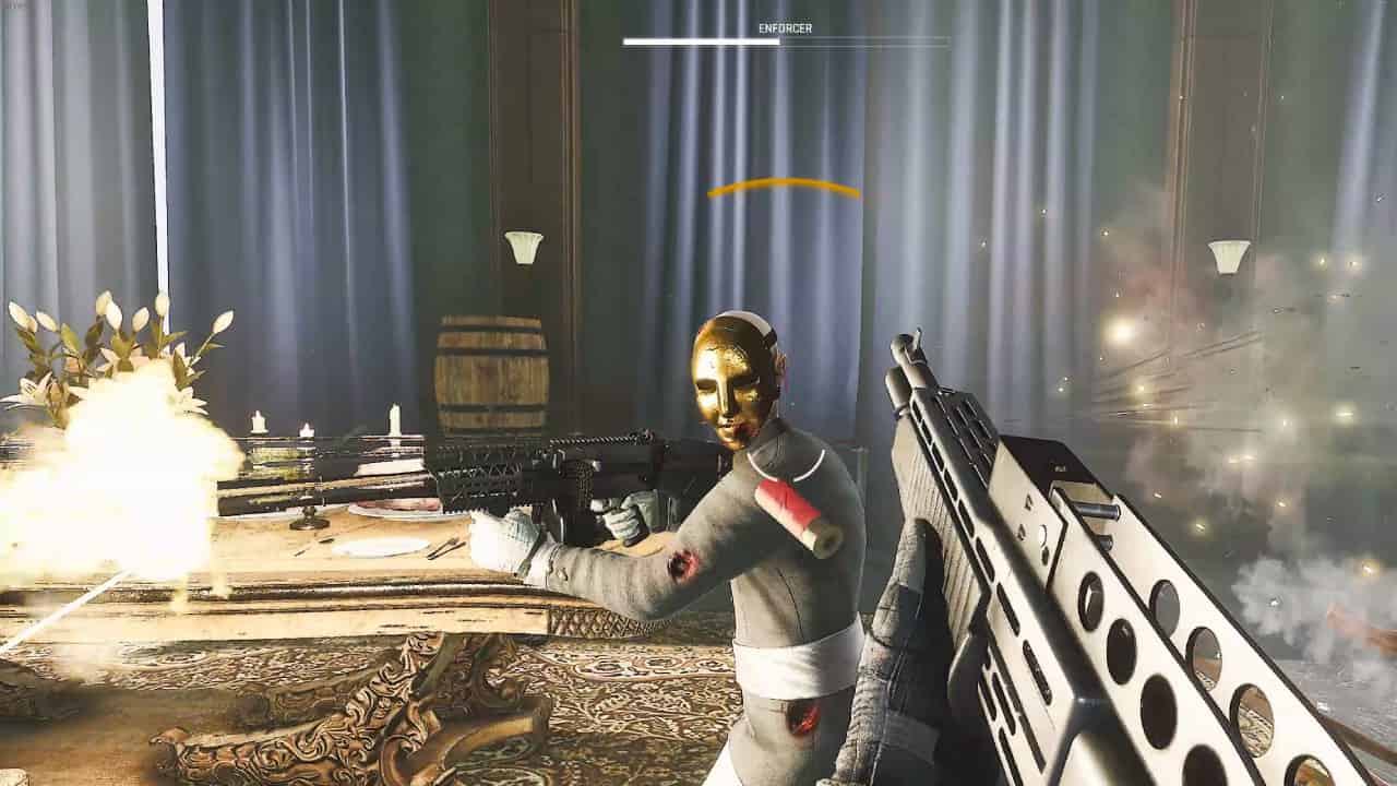 Trepang2 bosses list: The Enforcer turns to look at 106 during slowed time, as a shotgun blast rips into his side.