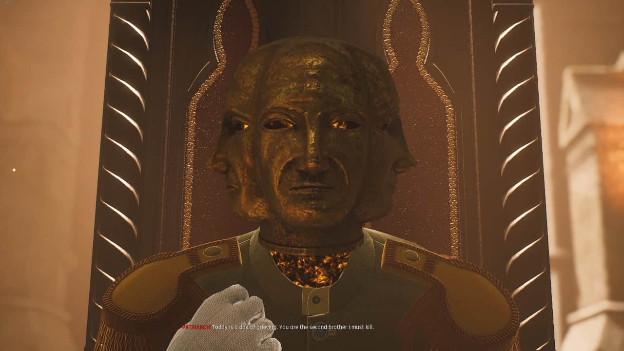 Trepang2 bosses list: The Patriarch speaks to Subject 106 from atop his throne.