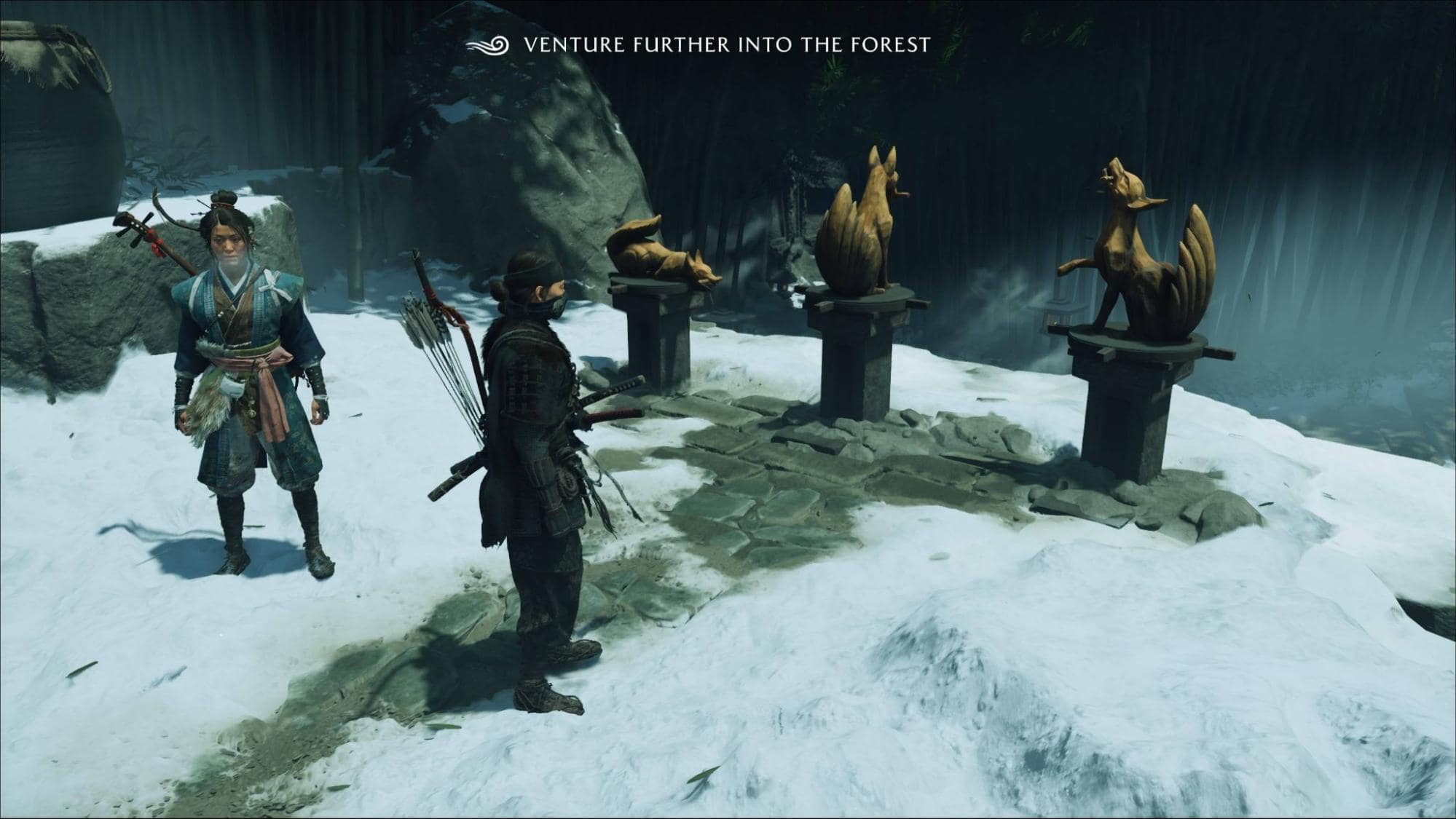 Second fox statue puzzle in the Ghost of Yotei Poison and Snow quest showing the correct statue positions