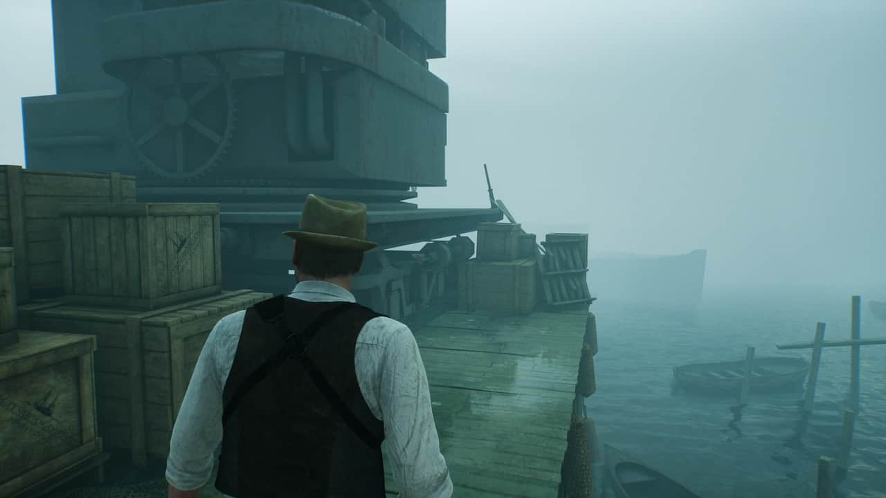 A man in a fedora and suspenders standing alone on a misty dock by a large mechanical structure and a rowboat.