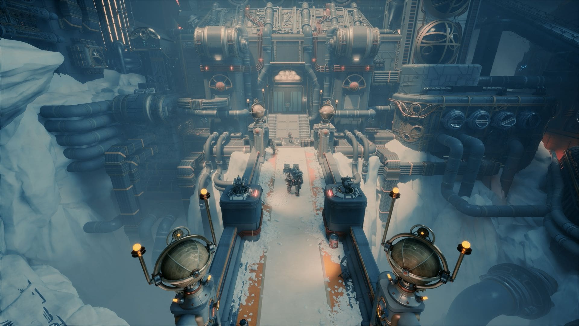 Armored characters walking toward a snowy industrial base in The Outer Worlds 2