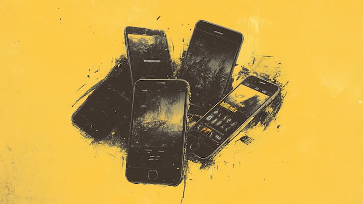 A depiction of several smartphones depicting mobile Slingo or slot games on them.