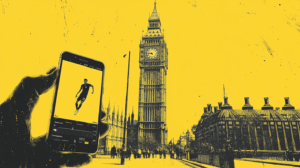 A graphic of a hand holding a smartphone showing a football player in motion, set against a yellow background featuring London's Big Ben and iconic architecture. The image symbolizes sports betting apps in the UK, with a dynamic visual focus on mobile sports engagement.