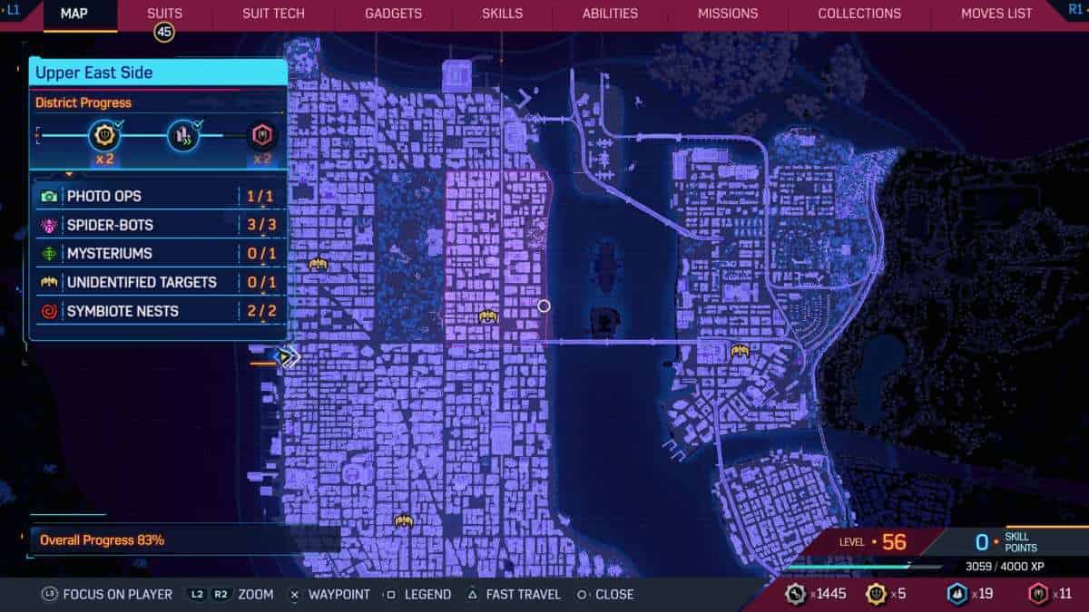 A cyberpunk city map in Cyberpunk 2077 featuring Spider-Man 2 Unidentified Targets' locations.