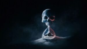 A large skull forms the top half of an hourglass, evoking a sense of foreboding akin to *Until Dawn*, with a cabin and figures visible inside the bottom half, all set against a dark background.