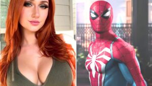 Left image cosplayer Rebecca Seals, right image Spider-Man in Marvel's Spider-Man 2