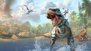 A man is riding a dinosaur in the water, playing on one of the new ARK Survival Ascended maps.
