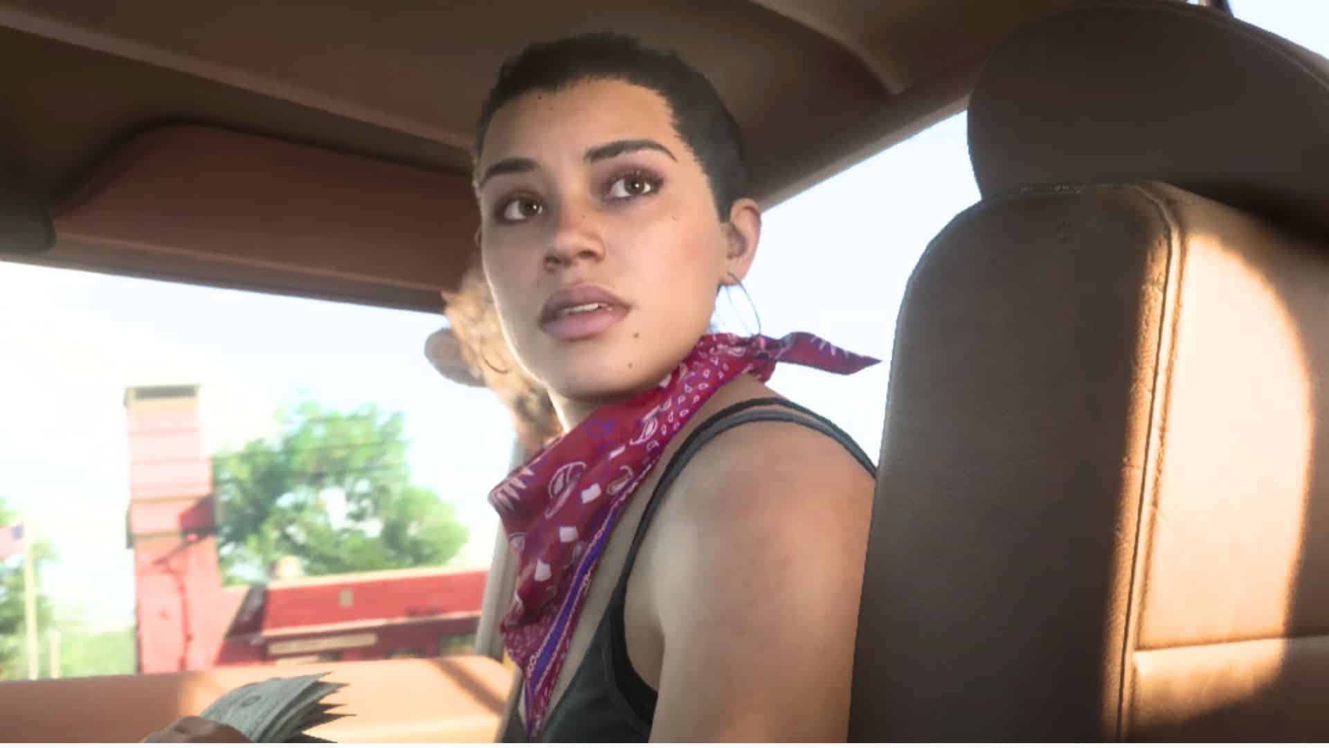 GTA 6 Lucia looking behind her in car