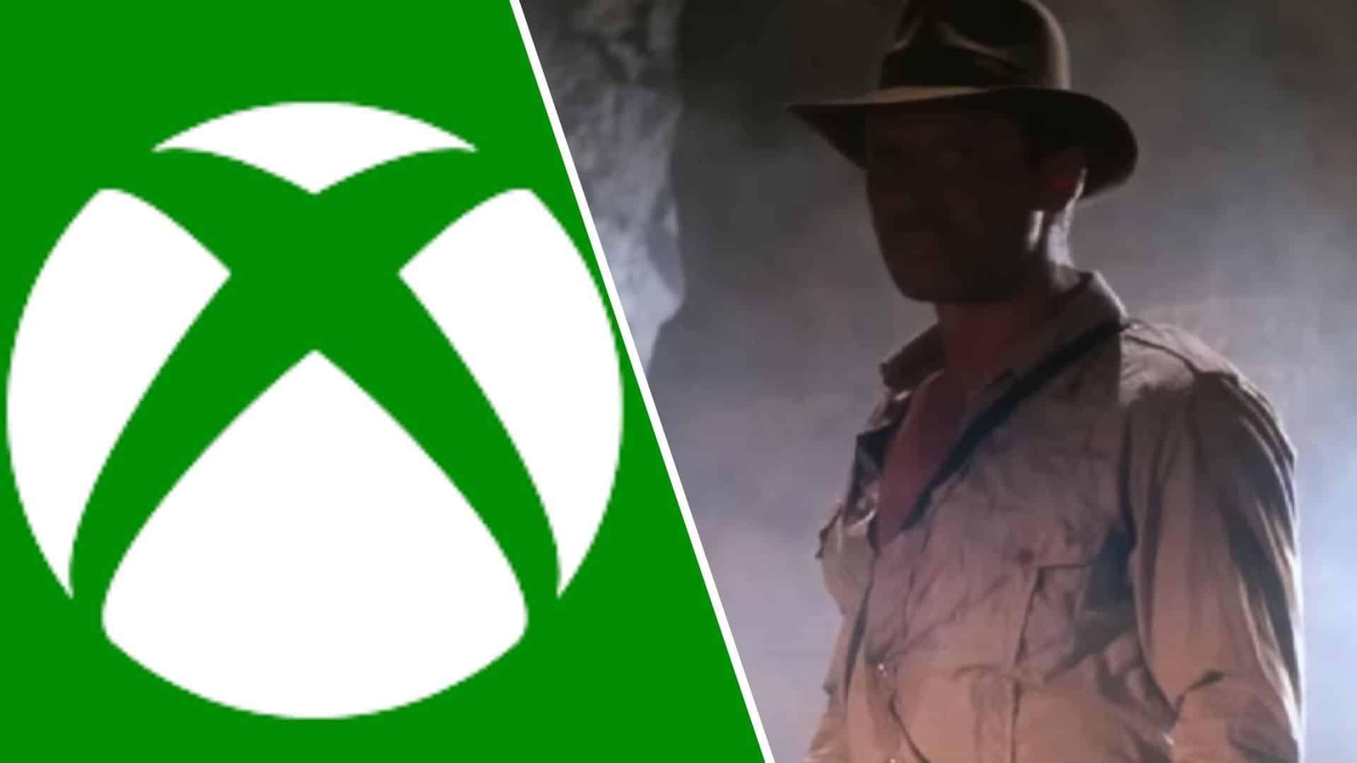 Xbox logo next to shrouded in dark Indiana Jones
