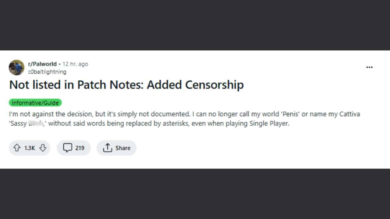 Palworld censorship Reddit post