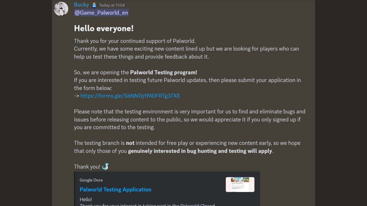 Palworld Testing Program Discord message