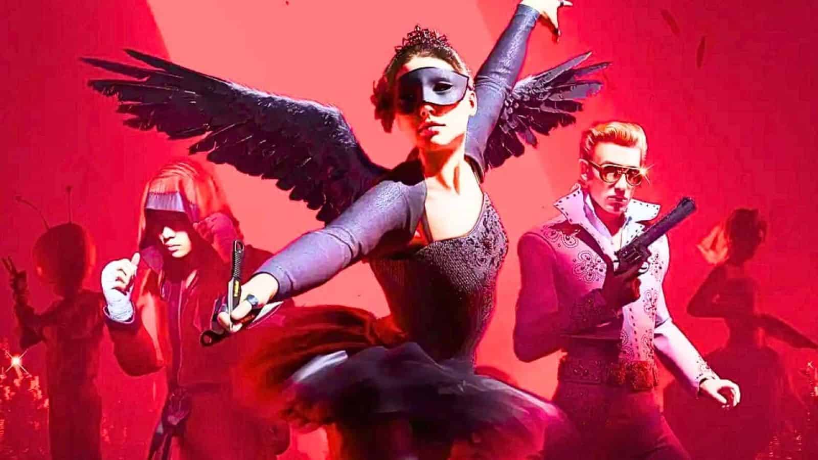 A stylized promotional image for The Finals season 2 featuring a dancer with wings and two characters with futuristic weapons against a red background.