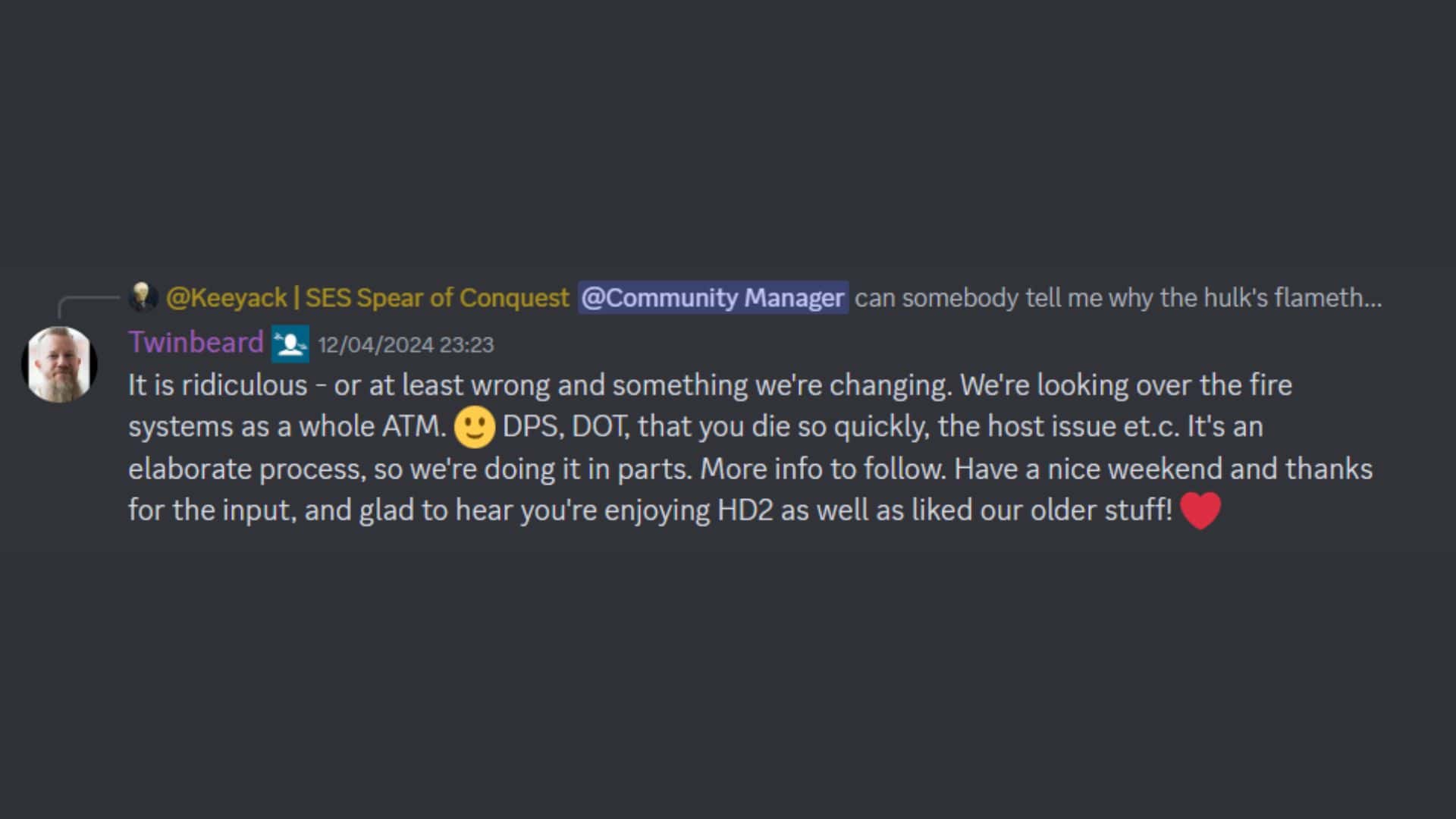 Helldivers 2 discord fire post 2