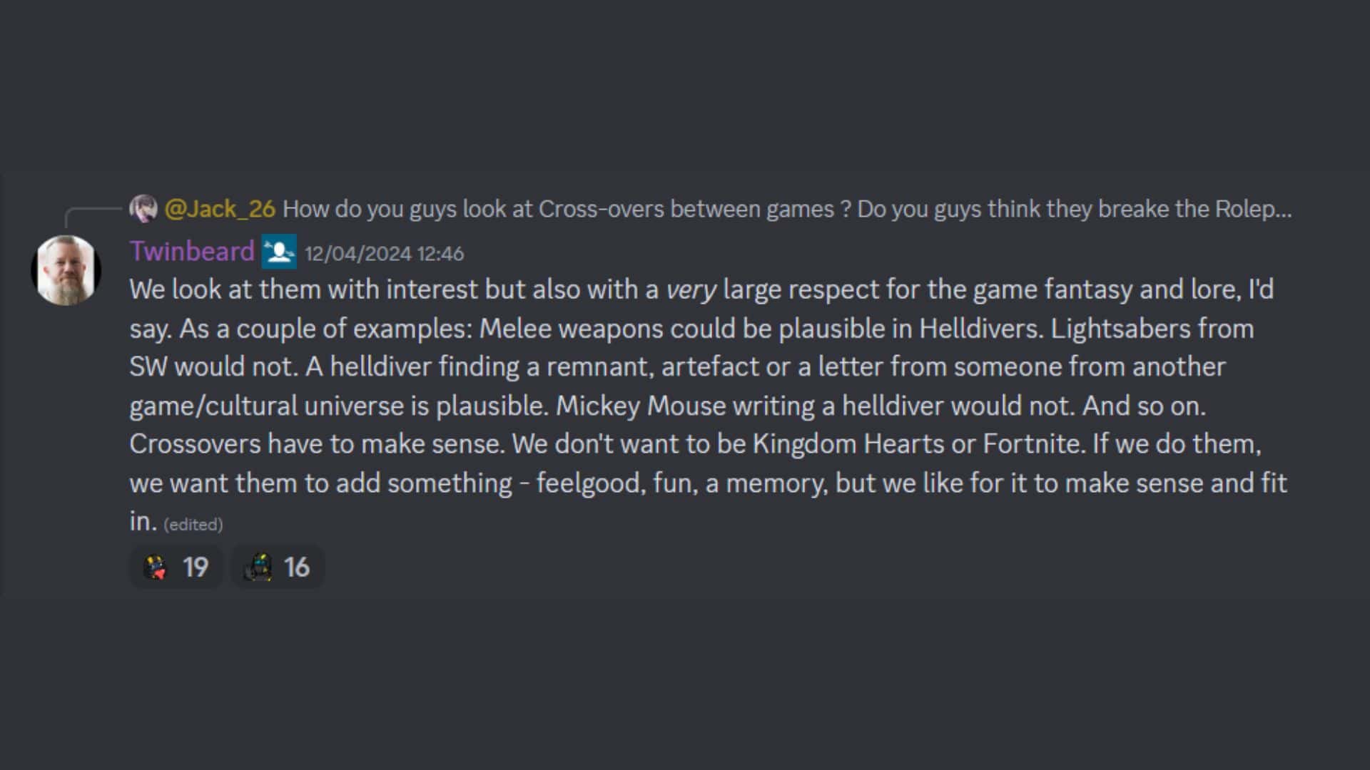 Helldivers 2 discord post about crossovers