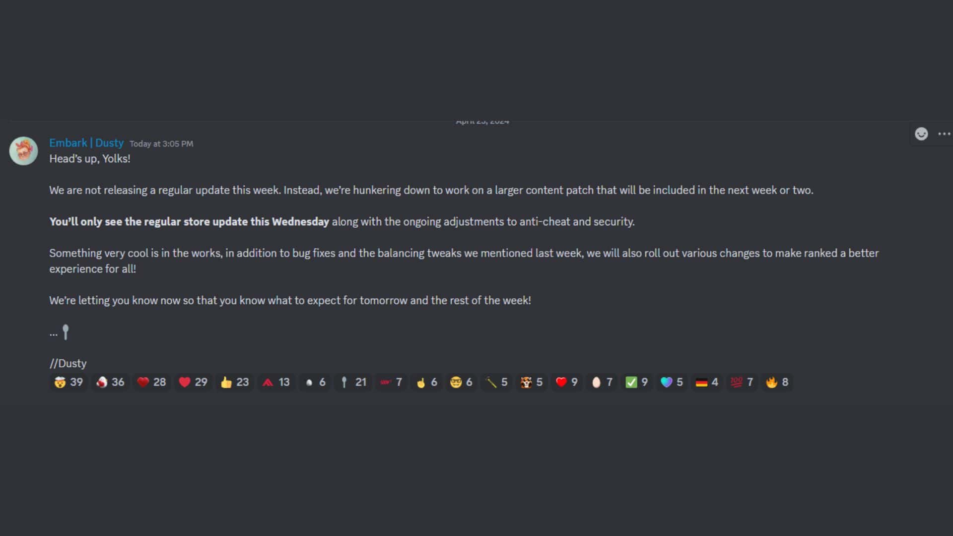 The Finals no new update this week Discord