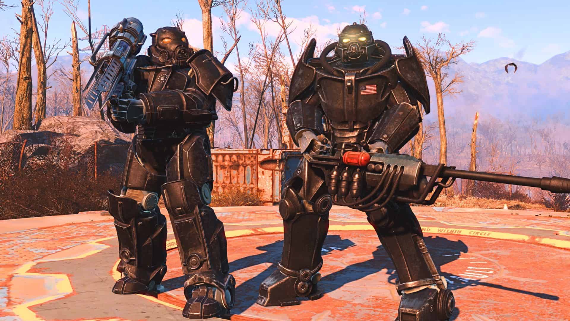 Two people in power armor suits standing in a post-apocalyptic landscape, one wielding a large gun, captured with the best graphics settings for Fallout 4.