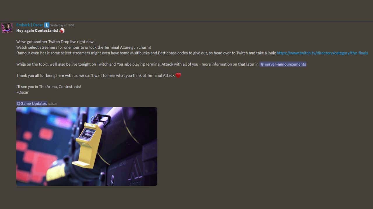 The Finals Twitch Drops Discord announcement