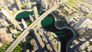 Aerial view of city in Cities Skylines 2