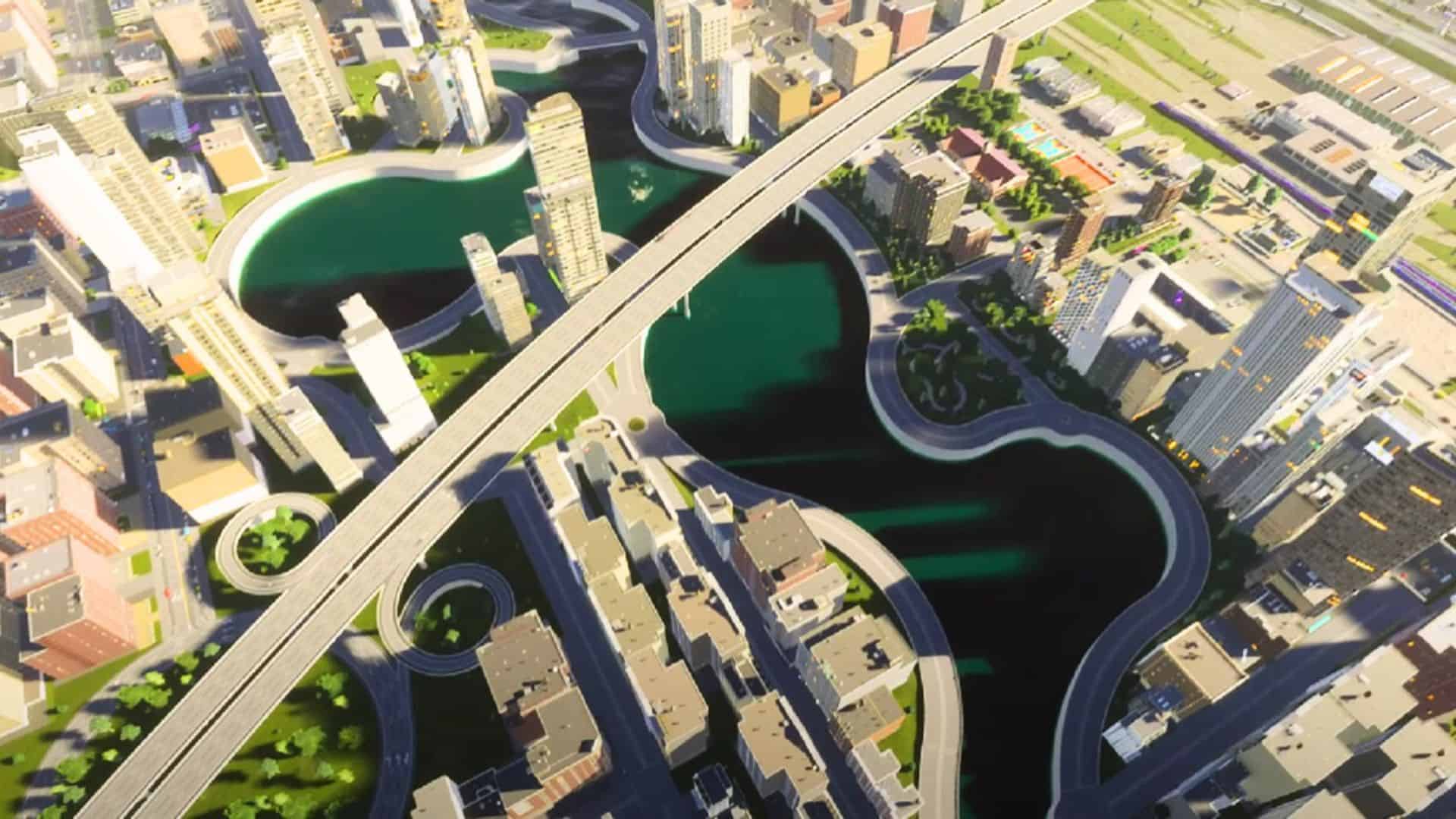 Aerial view of city in Cities Skylines 2