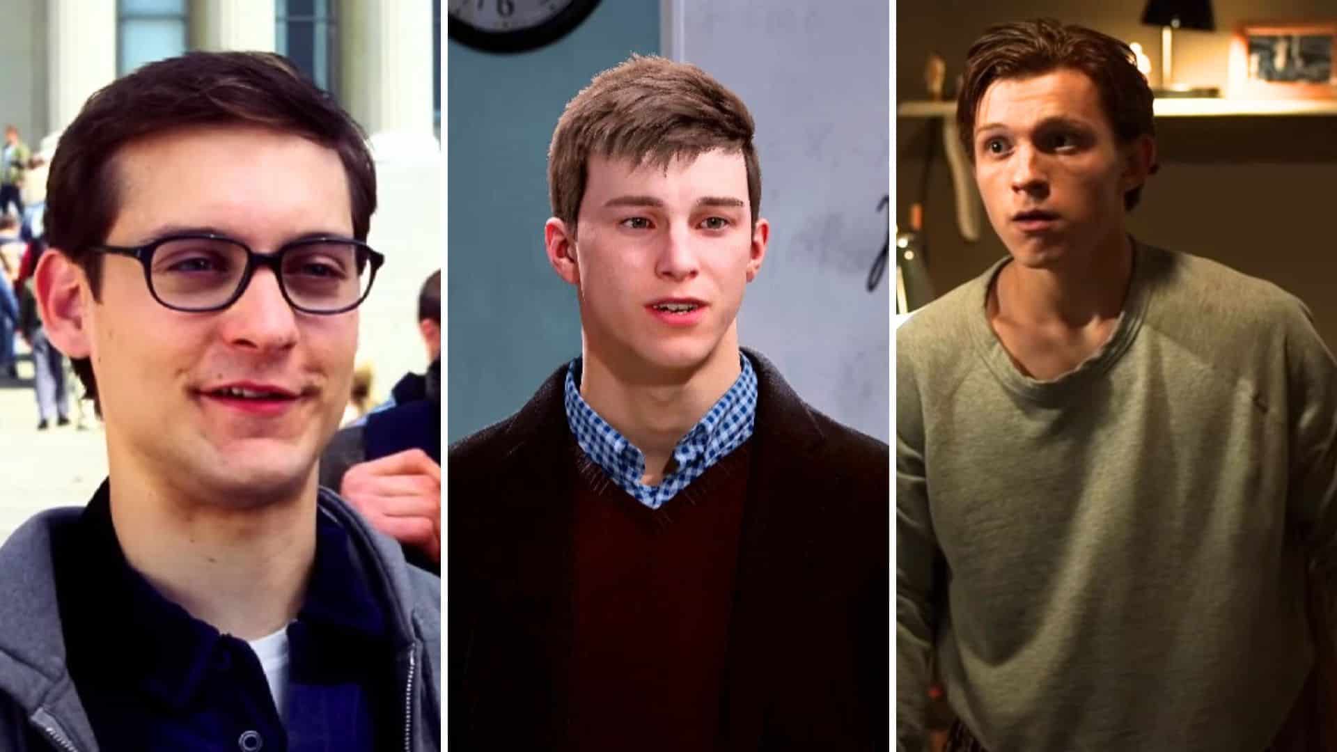 Collage of Tobey Magire, Tom Holland, Marvel's Spider-Man 2 Peter Parker