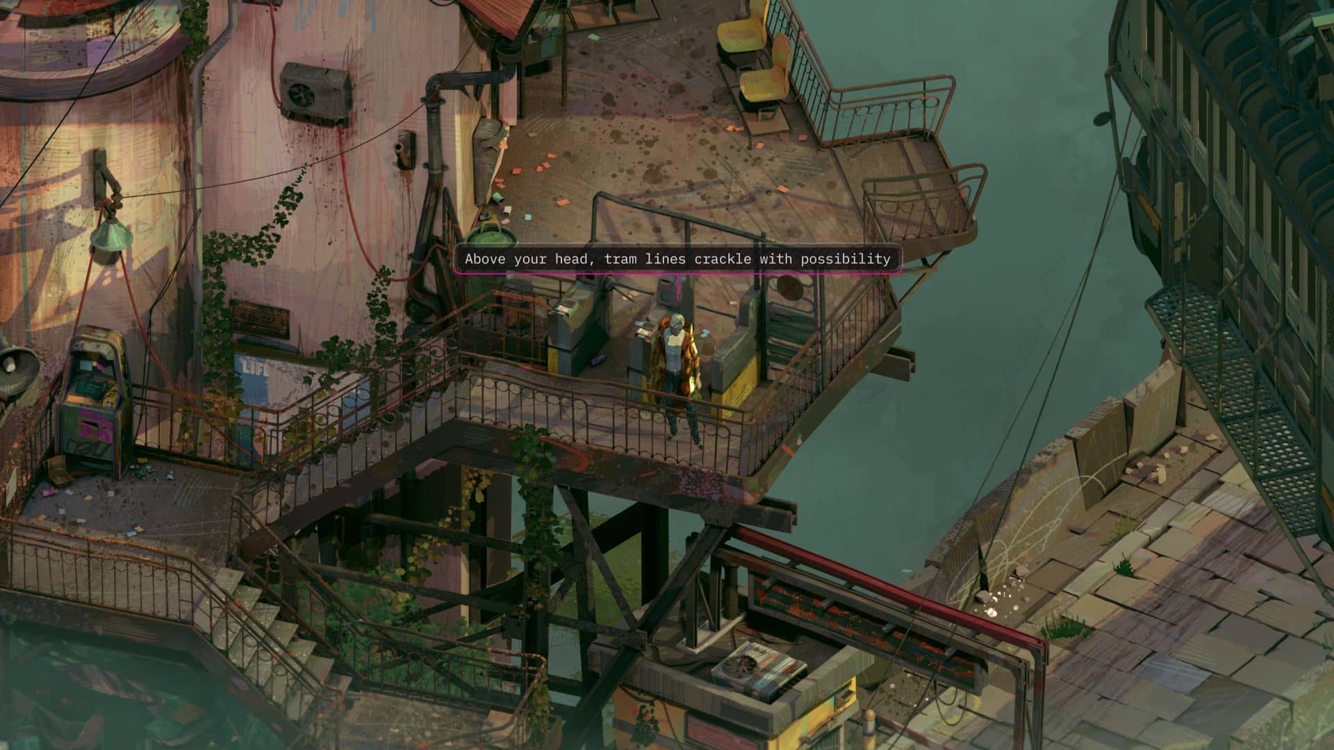 Character stands on rusted balcony in Zero Parades For Dead Spies as tram lines hum above the city