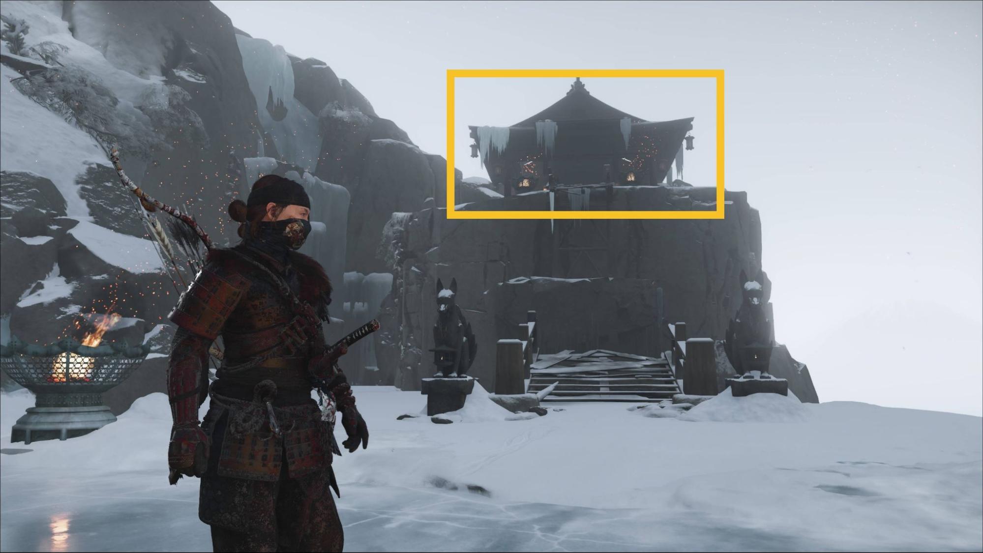 Ghost of Yotei Snow’s Drift Shrine with the Altar of Reflection above