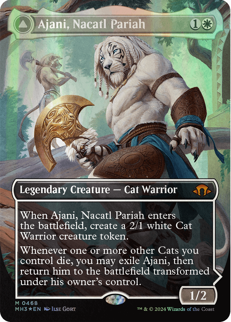 An illustration of Ajani, a leonin planeswalker character from the Magic: The Gathering card game depicted in a dynamic pose ready for battle, featuring MTG Modern Horizons 3 spoilers.