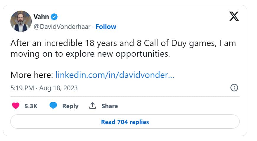 MW3 loses a veteran Call of Duty developer of 18 years and man's reaction on Twitter.