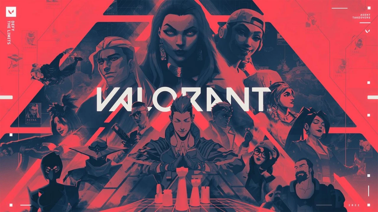 Promotional artwork for the video game Valorant featuring stylized illustrations of diverse characters against a red geometric background with the game's logo in the center, hinting at leaks and rumors about upcoming content.